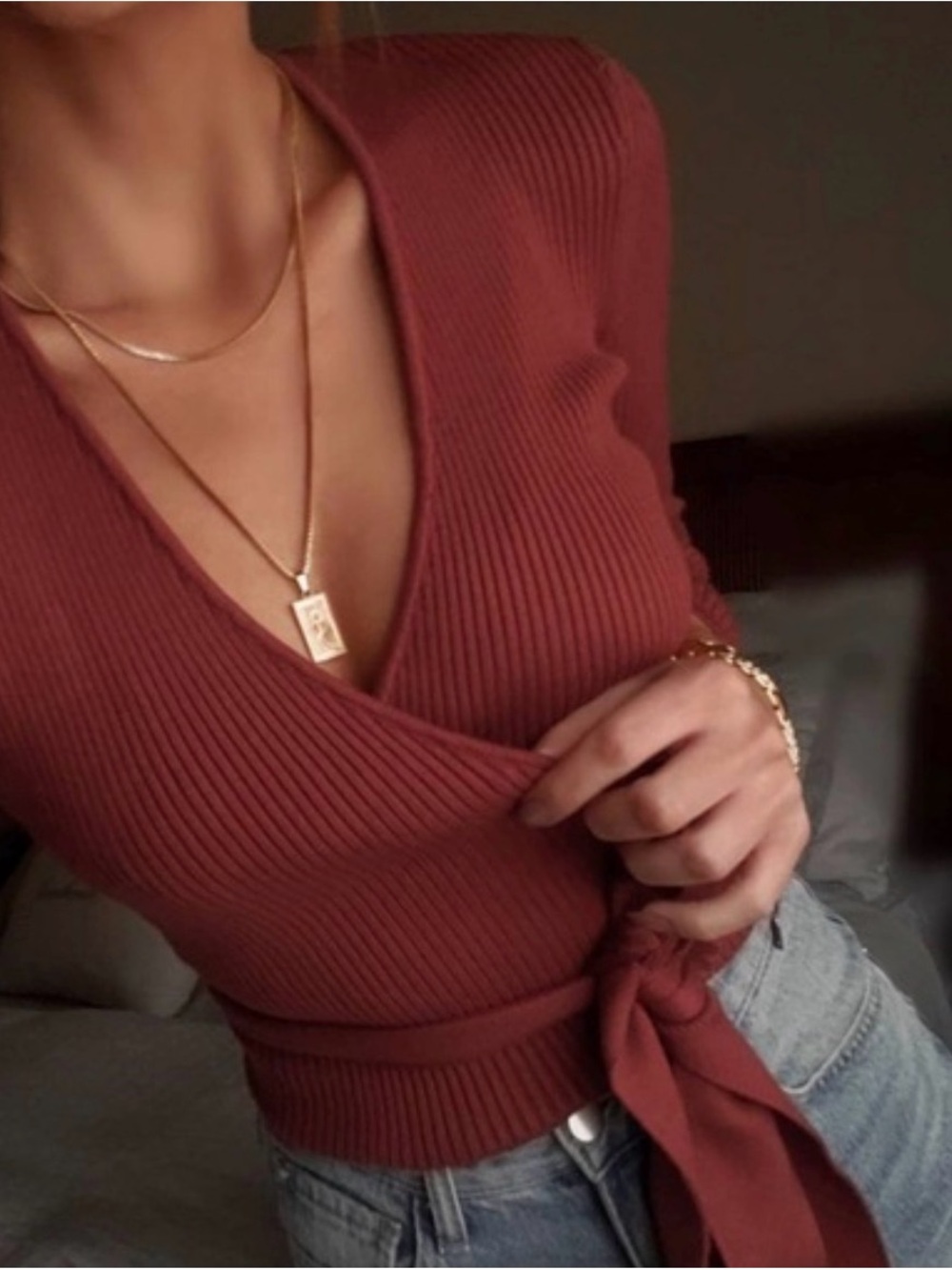 Zara Wrap-Style Ribbed Knit Sweater - Rust - Picture 2 of 5